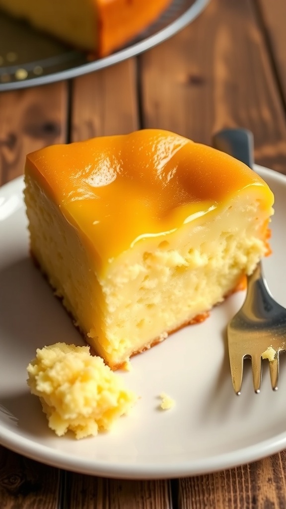 Classic Ooey Gooey Butter Cake Recipe A slice of ooey gooey butter cake with a creamy filling and golden crust on a white plate.